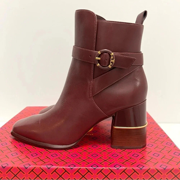 Tory Burch Multi Logo Buckle Boot Ankle Booties Square Toe Claret Burgundy 10 - Picture 4 of 14